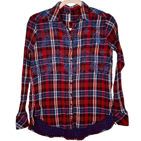 Free People Magical Plaid Embroideree Buttondown Top - Picture 7 of 16